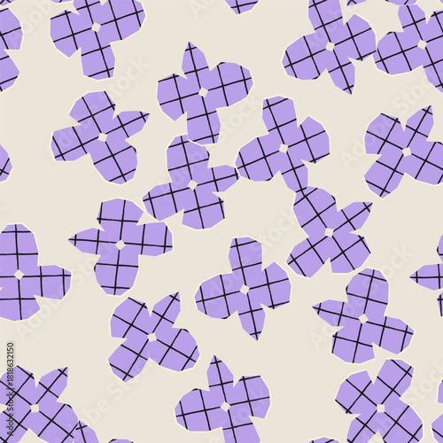 Playful seamless pattern with simple geometric lilac  flowers in a naive hand-drawn style. Light texture, bold shapes, and a clean modern look 