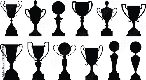 Collection of Silhouetted Trophies and Awards on White Background trophy winner