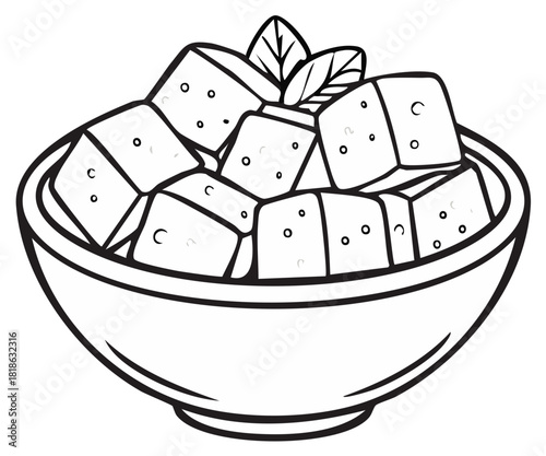 Simple line art drawing of a bowl of tofu cubes with a fresh herb garnish