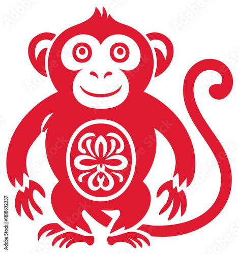 Vibrant red stylized monkey illustration with ornate belly pattern, cultural animal symbol