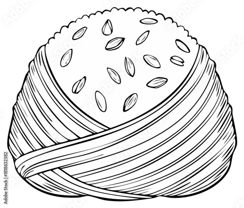 Traditional Japanese rice ball onigiri with seaweed wrapper and sesame seeds isolated line art drawing