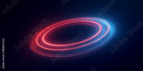 Abstract glowing ring with red and blue light trails on dark background