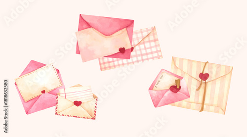 Romantic Watercolor Love Letters, Vintage Pink and Beige Envelopes with Heart for Valentine Day Illustration