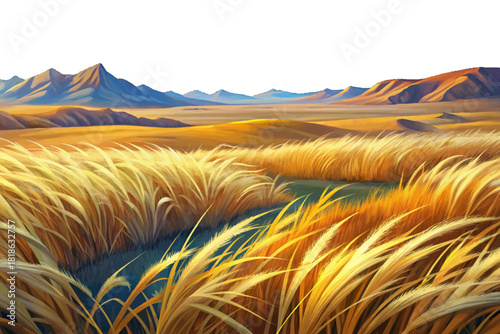 Endless tall golden grasses moving in wind under huge open blue sky with distant low hills