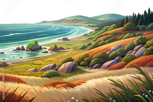 Redwood Coastal Prairie Grassy coastal with scattered edges, ocean winds and misty horizon landscape