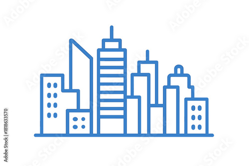 Modern city skyline featuring tall buildings and skyscrapers in blue line art