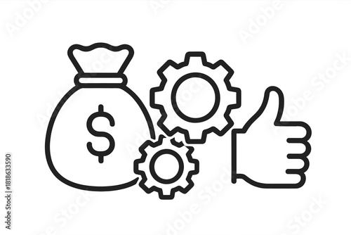 Money bag gears and thumbs up gesture symbolizing financial success and business optimization