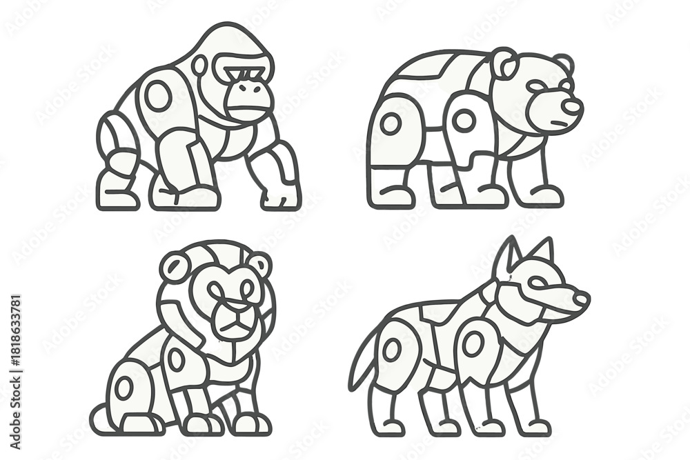 Naklejka premium Stylized geometric line art icons featuring a gorilla, bear, lion, and wolf animal collection