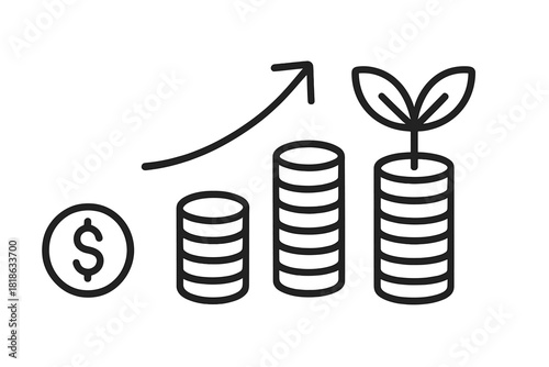 Financial investment growth with increasing stacks of dollar coins, seedling plant, and upward trend arrow