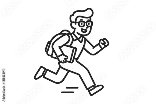 Enthusiastic student rushing to class carrying book backpack and spectacles