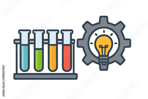 Scientific experimentation and innovation concept with test tubes and a light bulb inside a gear