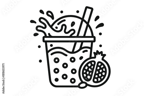 Cold beverage splashing from a disposable cup next to a sliced pomegranate fruit