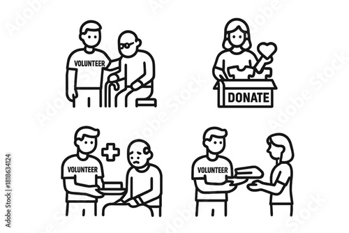 Outline symbols representing charity, volunteer assistance, social support, and donation