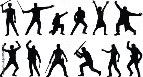 Silhouette Collection Of People In Dynamic Poses With Swords On White Background woman male