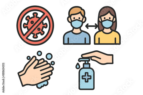 Safety measures and personal hygiene icons set for viral outbreak prevention