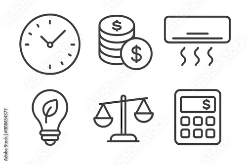 Outline symbols representing business, finance, time management, and energy efficiency
