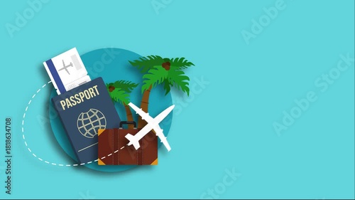 Air ticket, passport, suitcase, palm trees, located on a blue background. The plane takes off. Concept of tourism and travel design. 4K animation