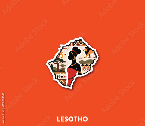 An expressive Lesotho map sticker with African tribal patterns and cultural motifs—great for travel branding, souvenirs, merchandise, and creative design.