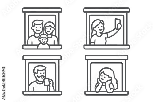 Neighbors and family members looking out of in a collection of scenes