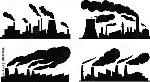 Silhouettes of industrial factories emitting smoke on white background factory pollution