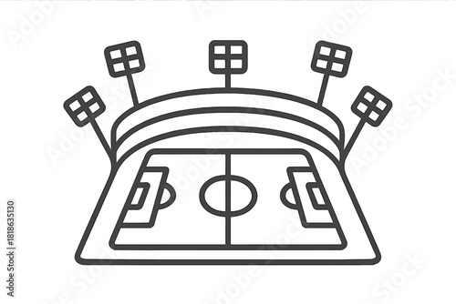 Minimalist black outline of a large sports stadium venue and playing field