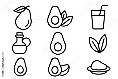 Collection of outline symbols depicting various forms of avocado, oil, leaves, and healthy food items