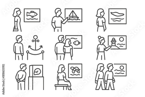 Outline icons of people observing nautical and marine artifacts and paintings in a museum