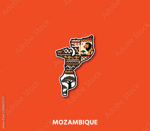 A Mozambique map sticker featuring rich African tribal patterns and cultural themes. Perfect for souvenirs, branding, travel materials, posters, and digital designs.