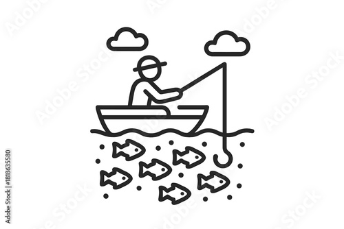 Man casting a fishing rod from a small boat into water where fish swim below