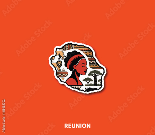 A vibrant ethnic-style Reunion Island sticker celebrating African culture, traditional patterns, and artistic heritage. Perfect for travel designs, souvenirs, branding, and creative projects.