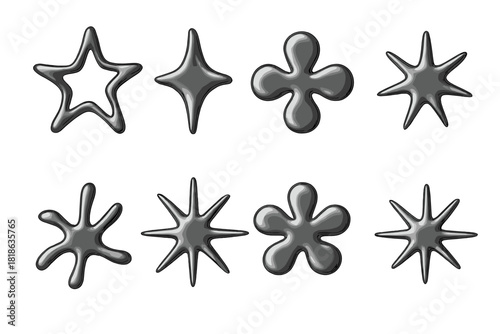 Collection of abstract metallic shapes featuring a glossy dark gray finish and modern 3D effect