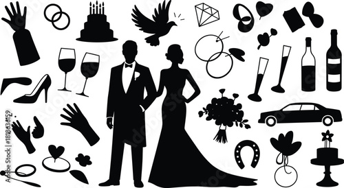 Wedding Celebration Icons Silhouette Collection Bride Groom Rings Cake Car vector illustration