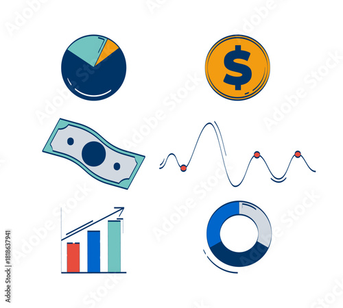 Business and finance data 2D doodle objects set. Donut pie chart. Line graph. Financial cartoon elements flat vector cliparts isolated on white background. Hand drawn illustrations collection