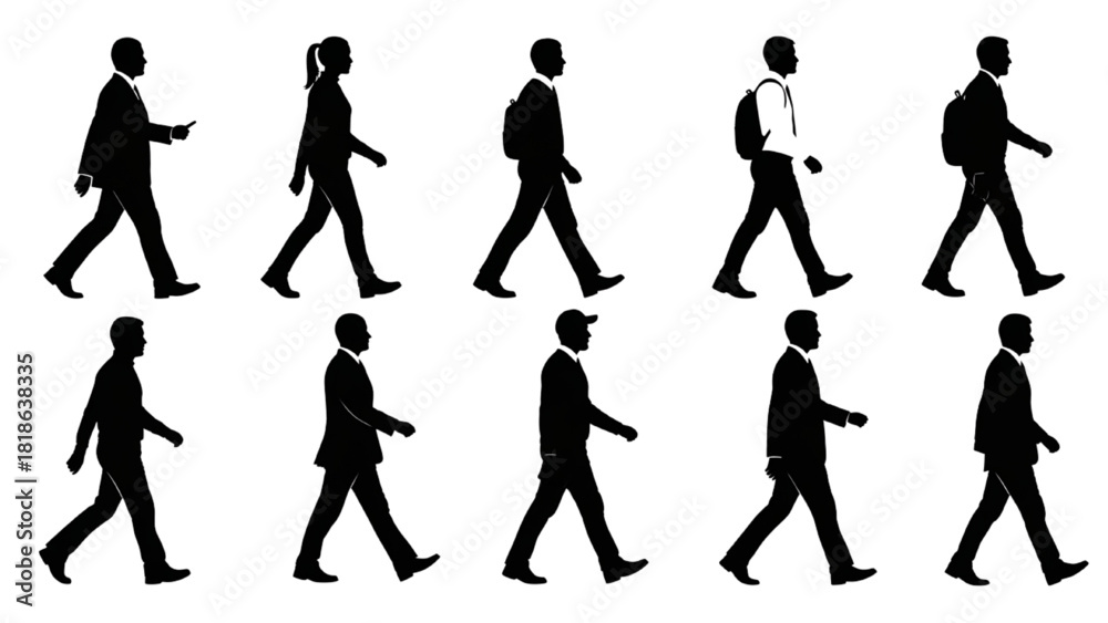 Obraz premium Dynamic Silhouettes of Pedestrians Walking in Profile, Various Genders and Styles Represented