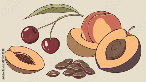 Vibrant Fresh Stone Fruits Cherries Peaches Plums and Seeds for Healthy Eating Summer Recipes and Natural Food Packaging