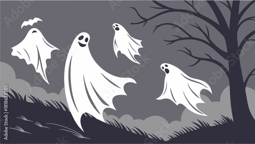 Cartoon Spooky Halloween Ghosts Flying in Dark Night Landscape. Eerie Seasonal Illustration for Party Invites and Kids Fun.