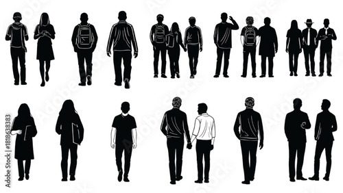 Silhouettes of people walking, standing, and interacting in various poses