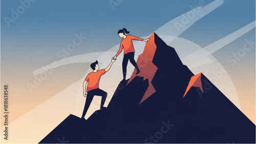 Teamwork and support helping each other ascend to success on a mountain