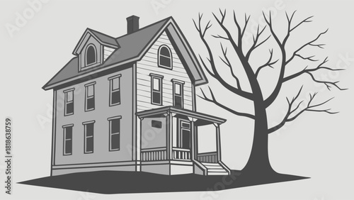 Classic wooden house exterior with tall bare tree in a quiet calm residential architectural scene
