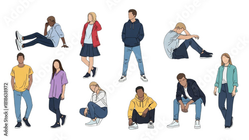 Diverse group of young adults in various casual poses, showcasing contemporary youth fashion and a relaxed lifestyle