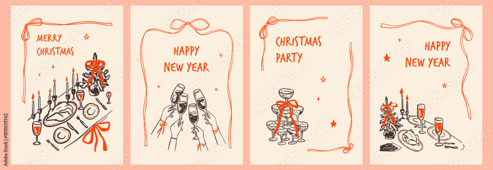 Fototapeta premium Happy New Year and Marry Christmas celebration wine and cocktail party invitations set. Whimsical hand drawn coquette bachelorette, wedding, girly birthday posters, greeting cards. Champagne pyramid