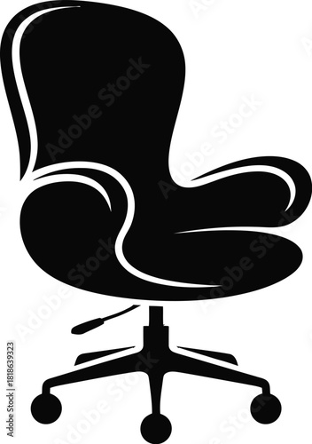 Black silhouette of a modern office chair with wheels white background