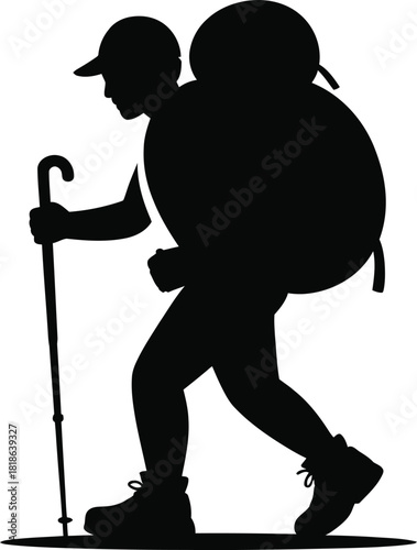 Black silhouette of a hiker with large backpack and trekking pole walking stick