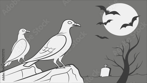 Spooky night wildlife illustration | crows on rocky cliff with flying bats moonlight graveyard and barren tree in eerie atmospheric style | dark Halloween scene artwork

