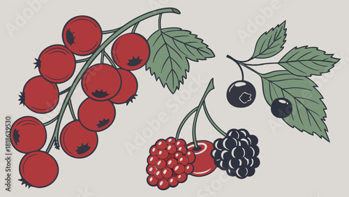 Berry branch illustration | red currants blueberries raspberries and blackberries with detailed leaves drawn in clean colorful botanical style | natural organic fruit artwork
