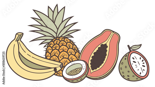 Tropical fruit mix featuring pineapple banana papaya coconut and sliced exotic pieces illustrated in a colorful clean vector style | fresh healthy food artwork
