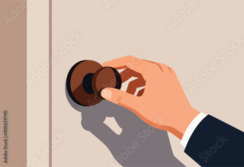 Vector illustration of a hand turning a brown doorknob on a beige door, casting a shadow