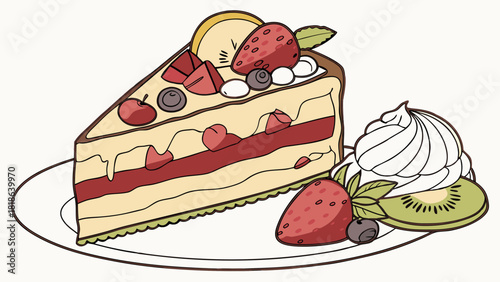 Delicious fruit layer cake slice with strawberries blueberries kiwi and cream on a plate in a detailed dessert illustration perfect for bakery graphics sweet food designs and creative projects
