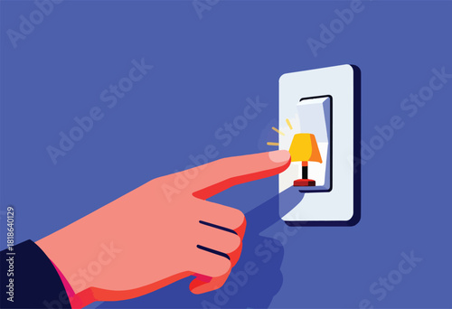 An illustration depicting a hand pressing a light switch, activating a lamp, set against a blue backdrop