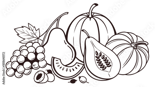 Healthy Food Line Art Illustration of Fresh Harvest Fruits and Vegetables for Nutrition Education and Creative Coloring